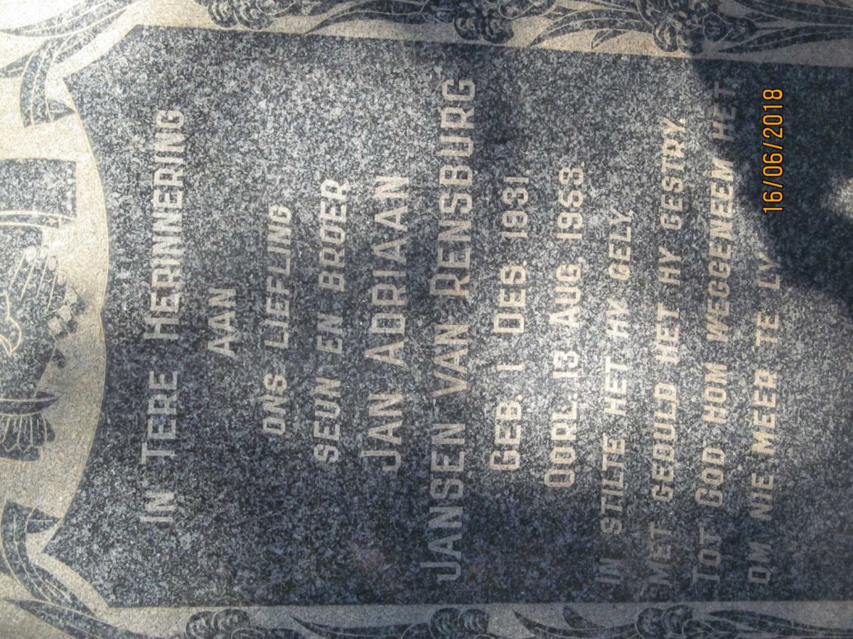 RENSBURG Jan Adriaan, Jansen van 1931-1953