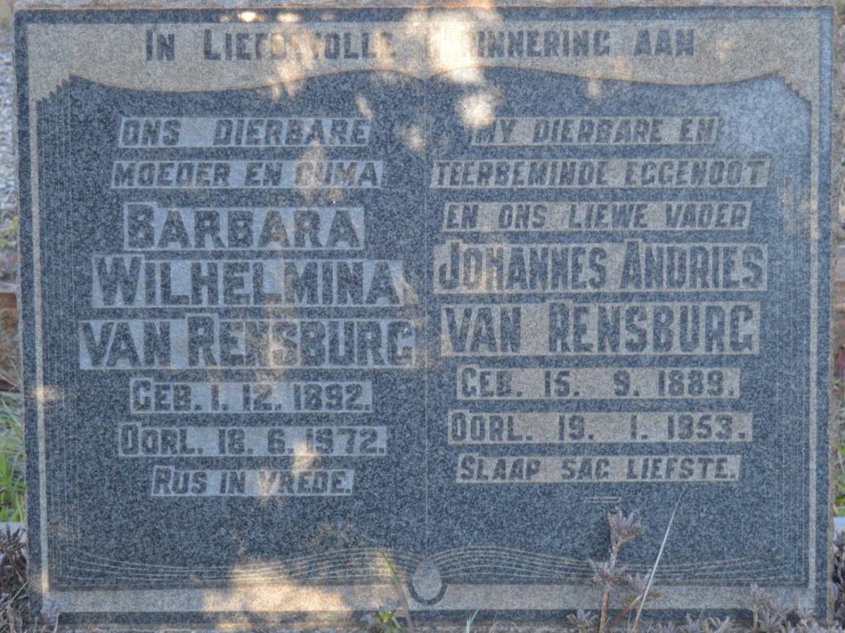 RENSBURG Johannes Andries, van 1889-1953 &amp; Barbara Wilhelmina 1892-1972