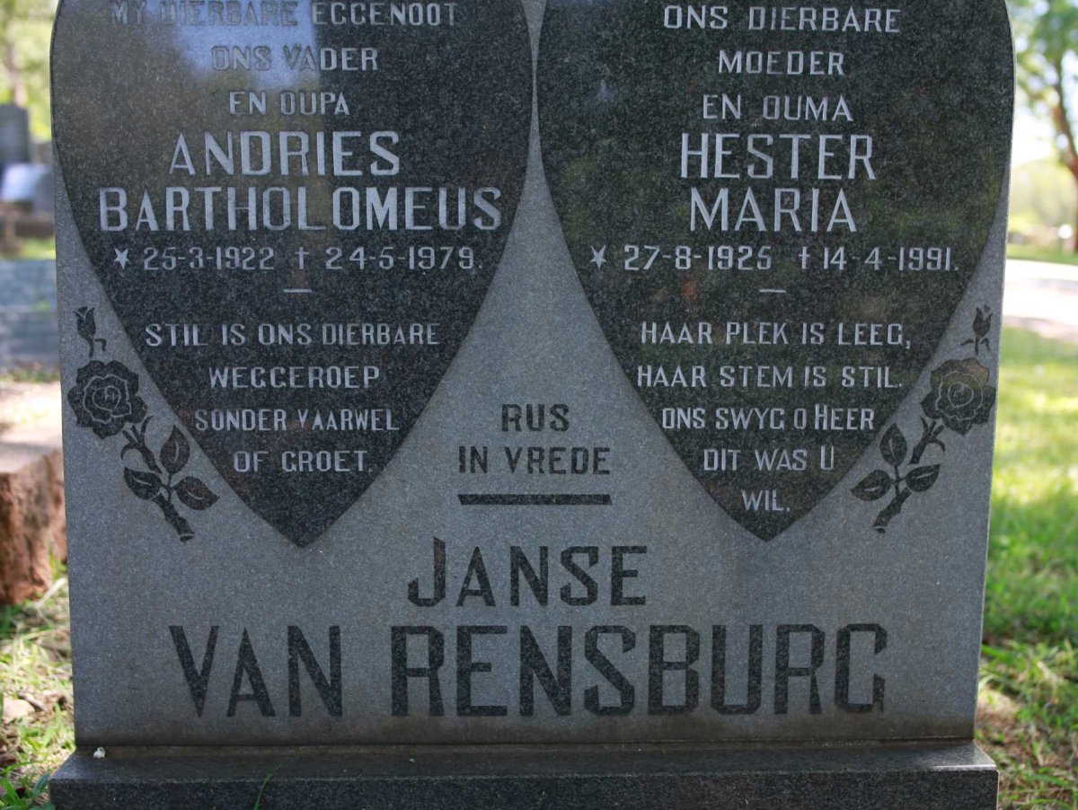 RENSBURG Andries Bartholomeus, Janse van 1922-1979 &amp; Hester Maria 1925-1991