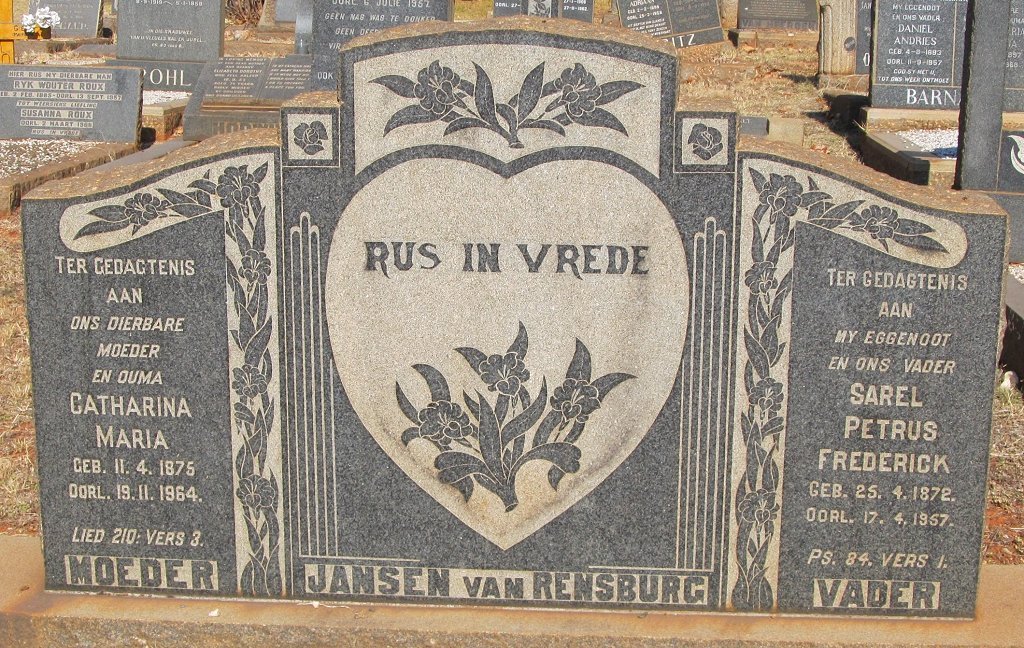 RENSBURG Sarel Petrus Frederick, Janse van 1872-1957 &amp; Catharina Maria 1875-1964
