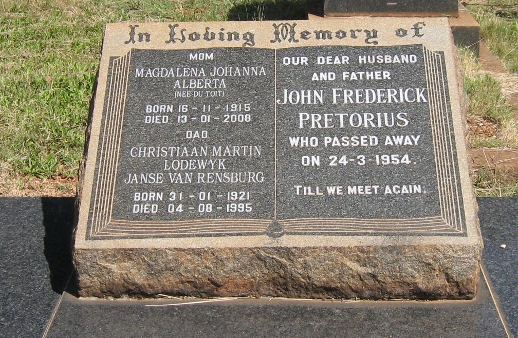 RENSBURG Christiaan Martin Lodewyk, Janse van 1921-1995 &amp; Magdalena Johanna Alberta DU TOIT 1915-2008