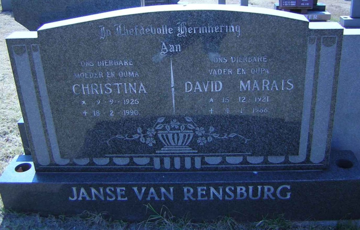 RENSBURG David Marais, Janse van 1921-1986 &amp; Christina 1926-1990