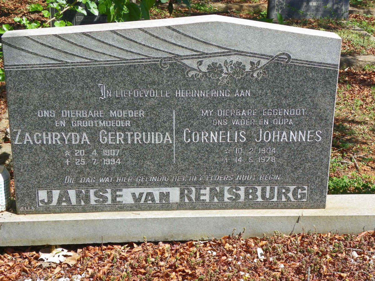 RENSBURG Cornelis Johannes, Janse van 1904-1978 &amp; Zachryda Gertruida 1907-1994