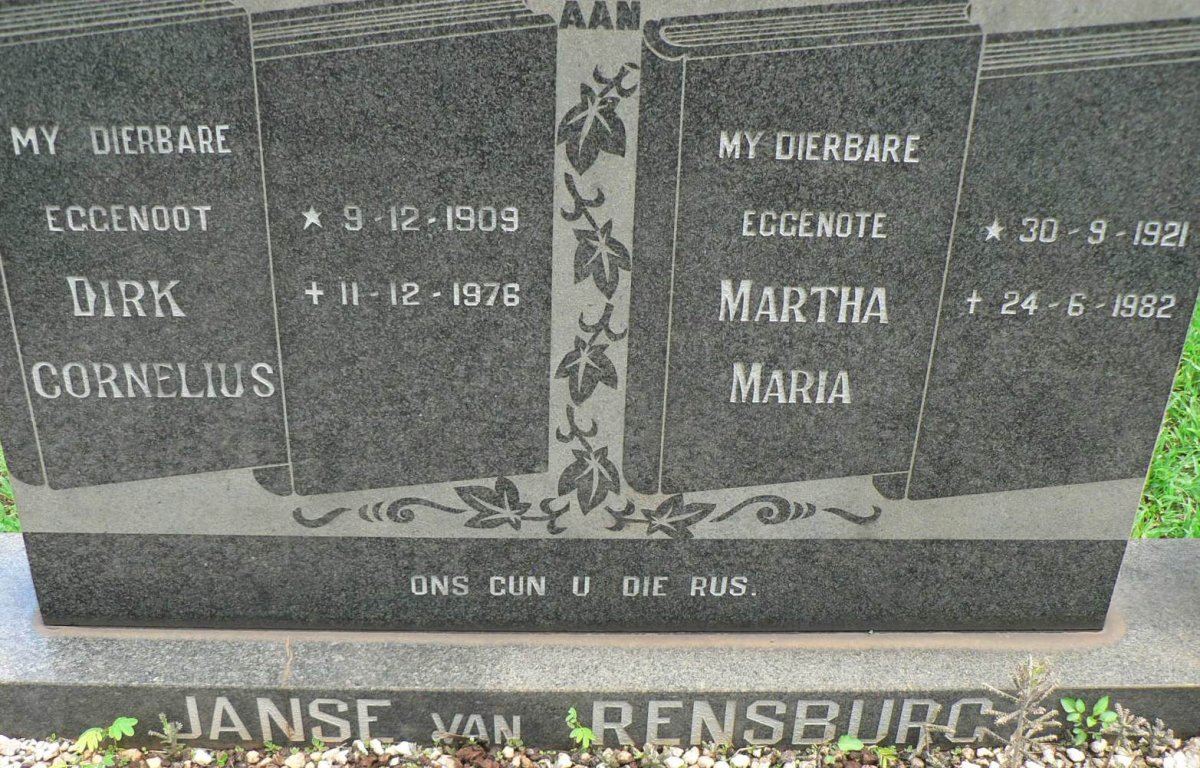 RENSBURG Dirk Cornelius, Janse van 1909-1976 &amp; Martha Maria 1921-1982