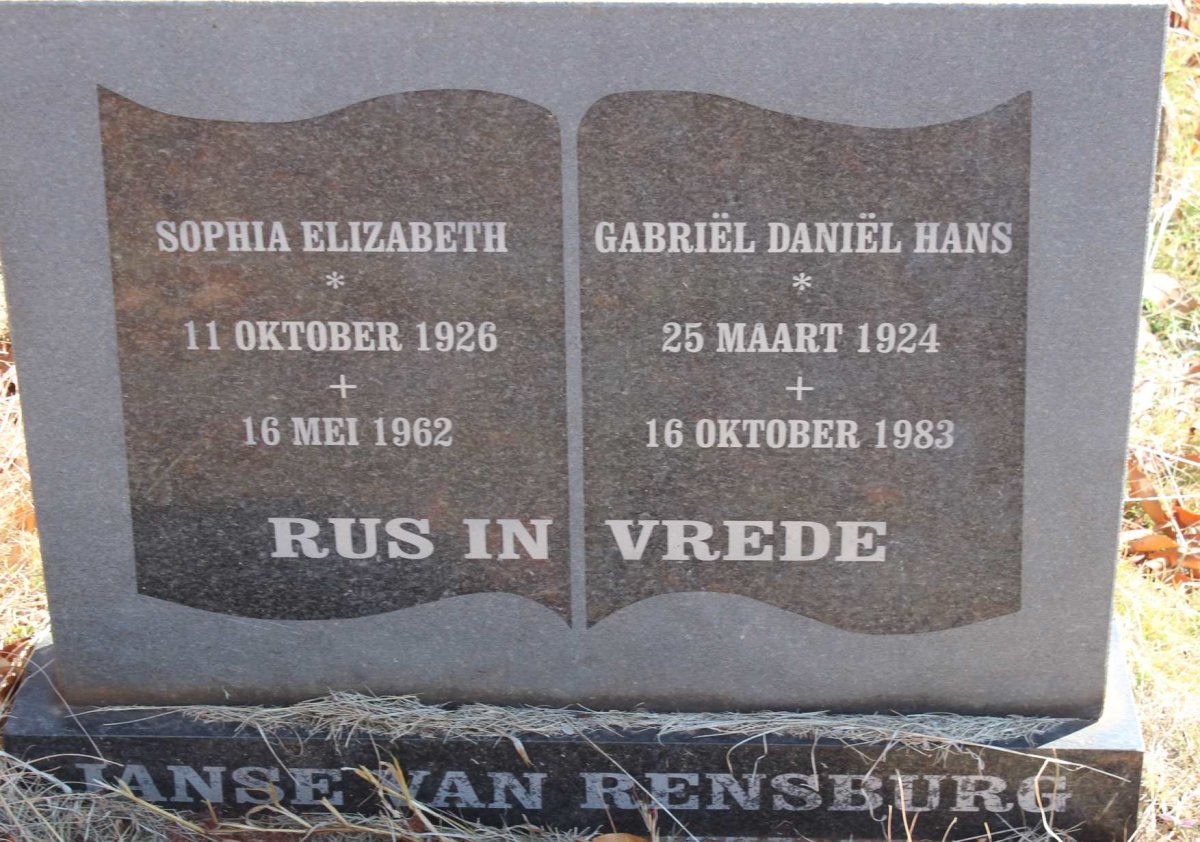 RENSBURG Gabriel Daniel Hans, Janse van  1924-1983 &amp; Sophia Elizabeth 1926-1962