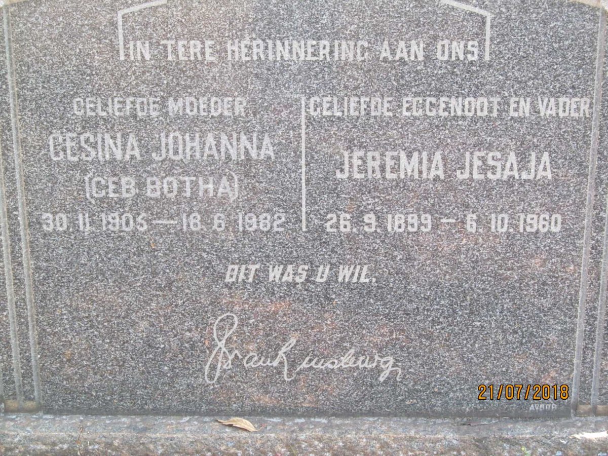 RENSBURG Jeremia Jesaja, van 1899-1960 &amp; Gesina Johanna BOTHA 1905-1982