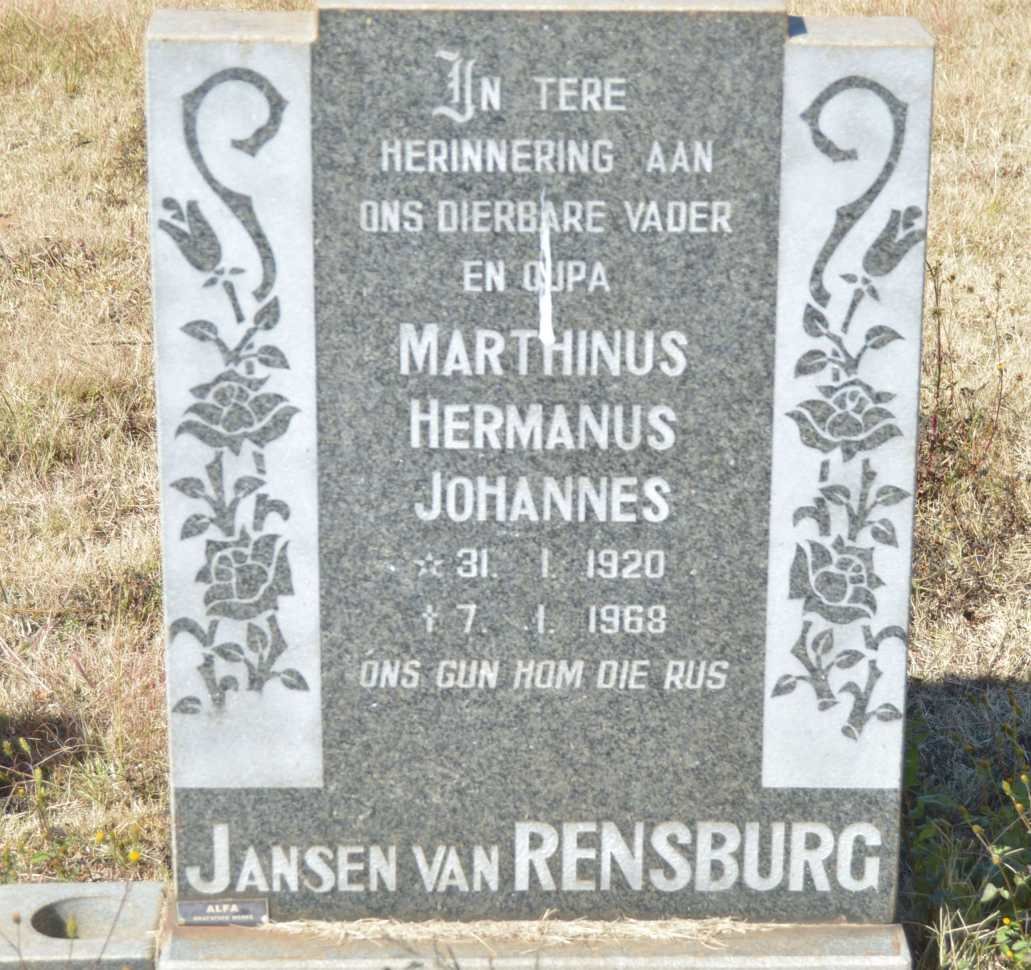 RENSBURG Marthinus Hermanus Johannes, Janse van 1920-1968