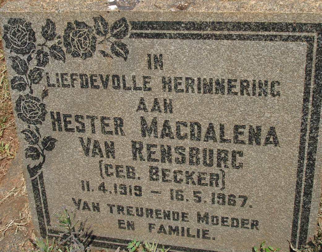 RENSBURG Hester Magdalena, van nee BECKER 1919-1967