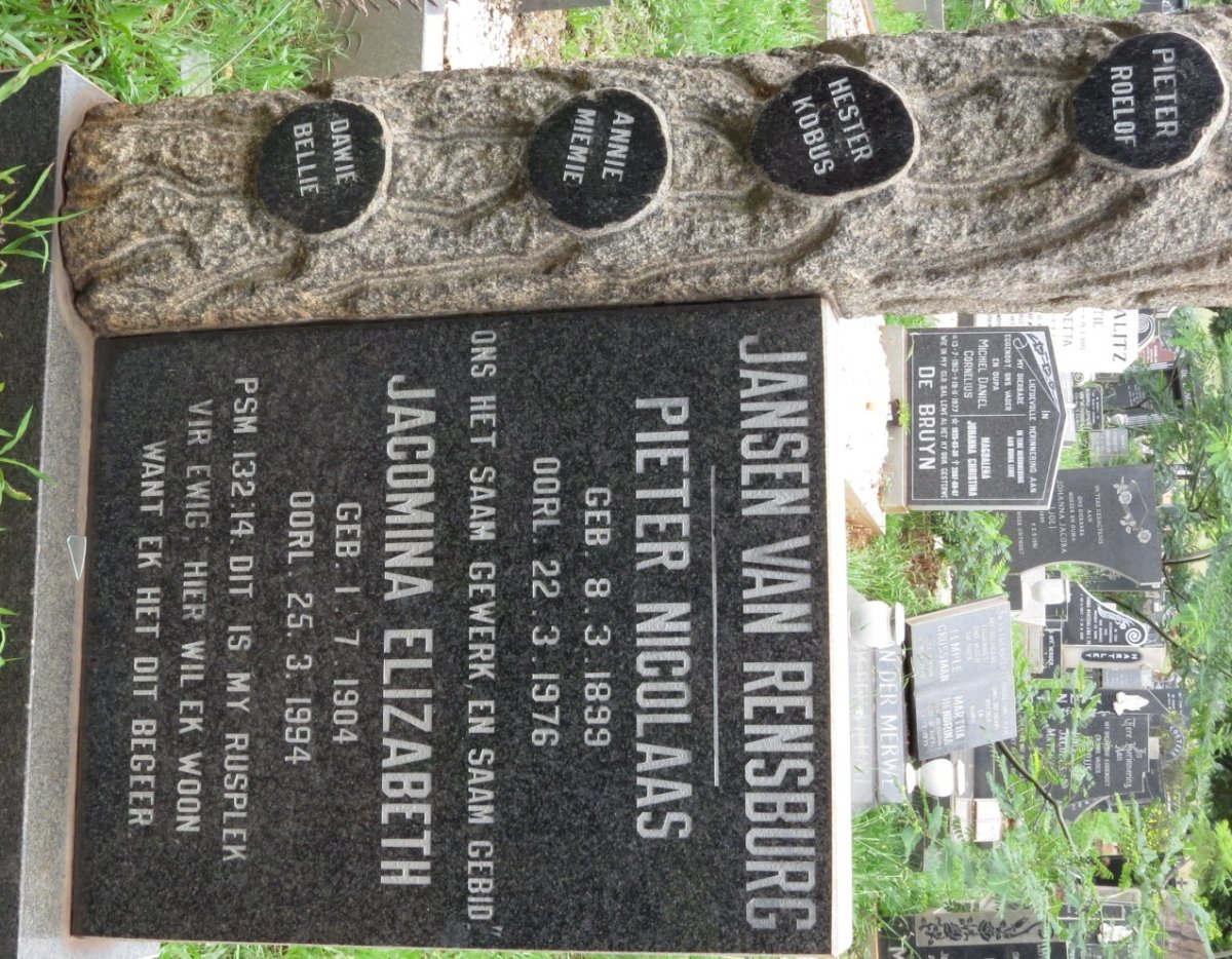 RENSBURG Pieter Nicolaas, Jansen van 1899-1976 &amp; Jacomina Elizabeth 1904-1994
