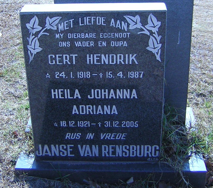 RENSBURG Gert Hendrik, Janse van 1918-1987 &amp; Heila Johanna Adriana 1921-2005