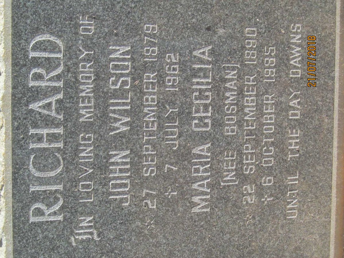 RICHARD John Wilson 1879-1962 &amp; Maria Cecilia BOSMAN 1890-1985