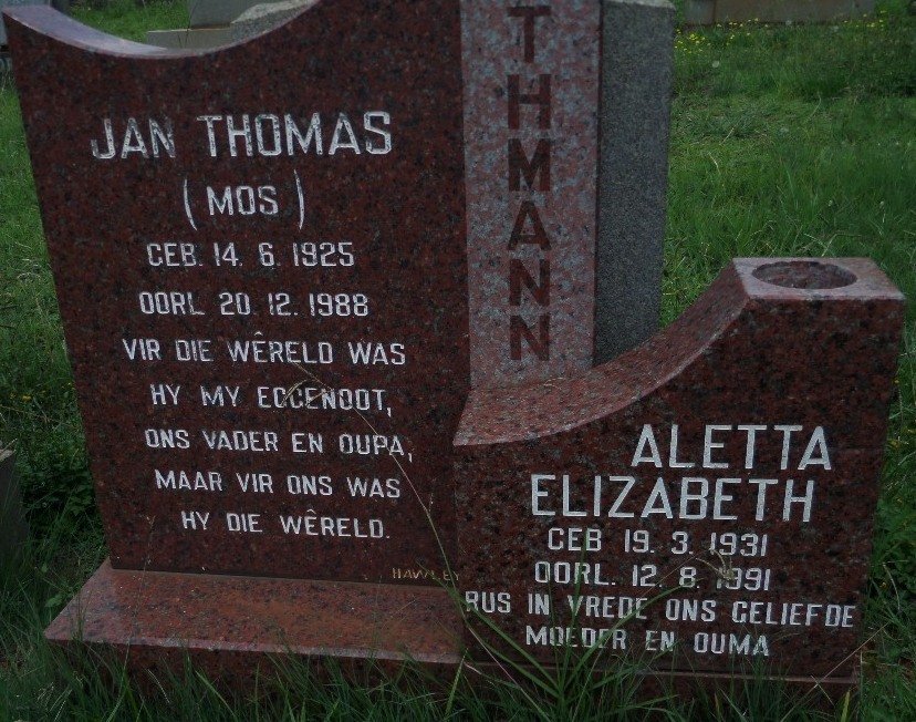 ROTHMANN Jan Thomas 1925-1988 &amp; Aletta Elizabeth 1931-1991