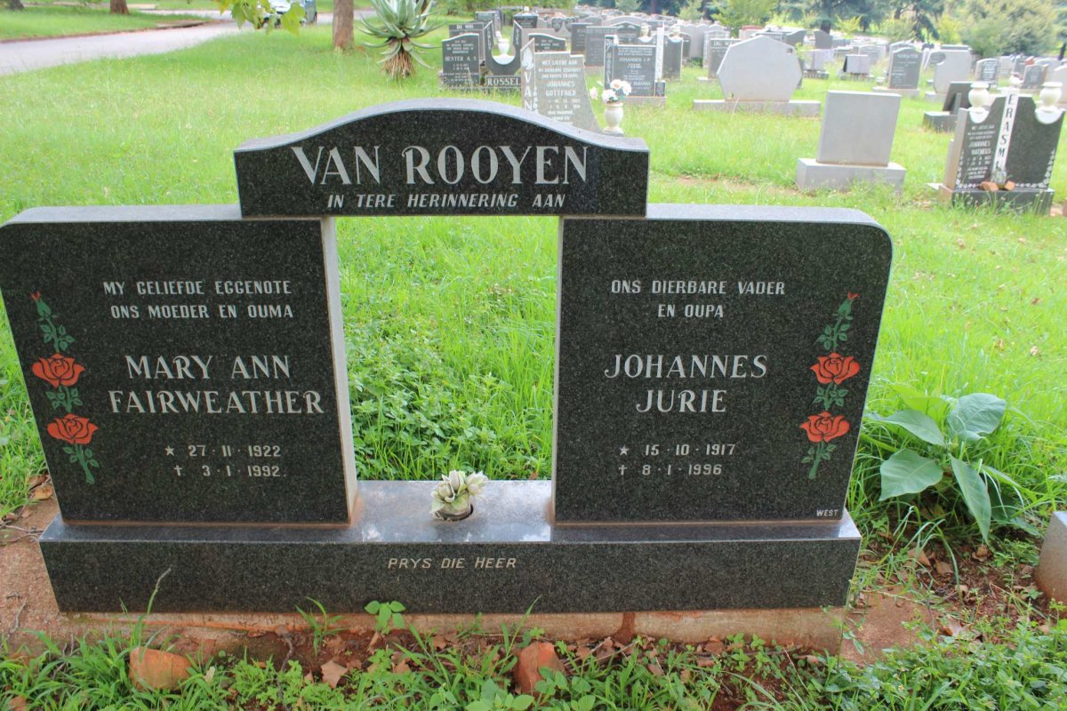 ROOYEN Johannes Jurie, van 1917-1996 &amp; Mary Ann FAIRWEATHER 1922-1992