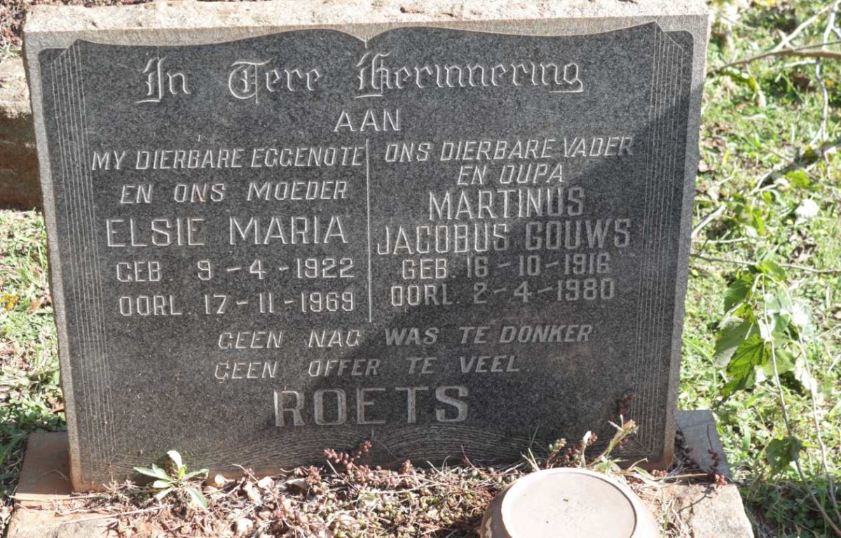 ROETS Martinus Jacobus Gouws 1916-1980 &amp; Elsie Maria 1922-1969