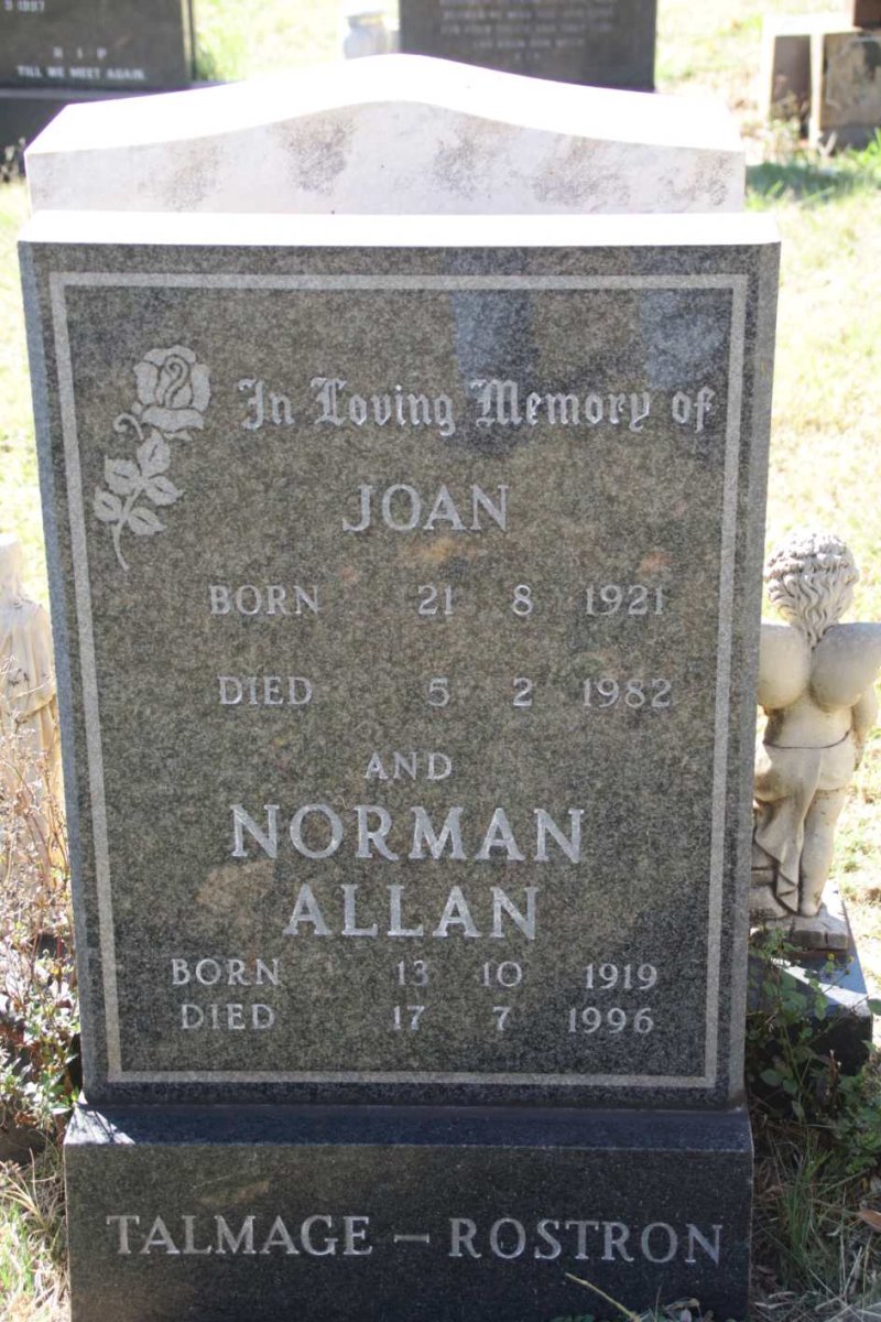 ROSTRON Norman Allan, TALMAGE 1919-1996 &amp; Joan 1921-1982