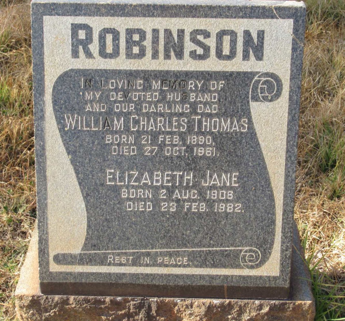 ROBINSON William Charles Thomas 1890-1961 :: ROBINSON Elizabeth Jane  1906-1982