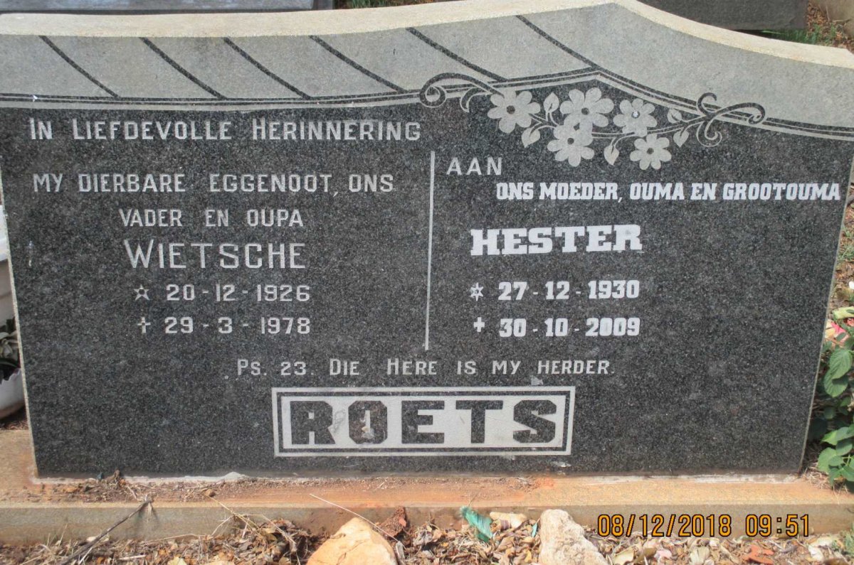 ROETS Wietsche 1926-1978 &amp; Hester 1930-2009