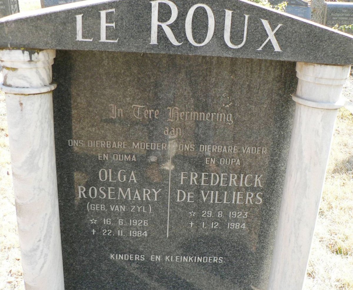 ROUX Frederick de Villiers, le 1923-1984 &amp; Olga Rosemary VAN ZYL 1926-1984