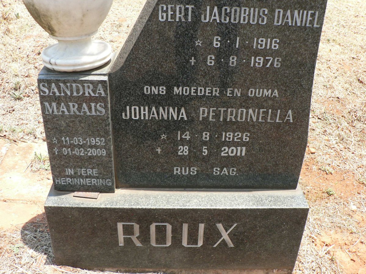 ROUX Gert Jacobus Daniel 1916-1976 &amp; Johanna Petronella 1926-2011 :: MARAIS Sandra 1952-2009