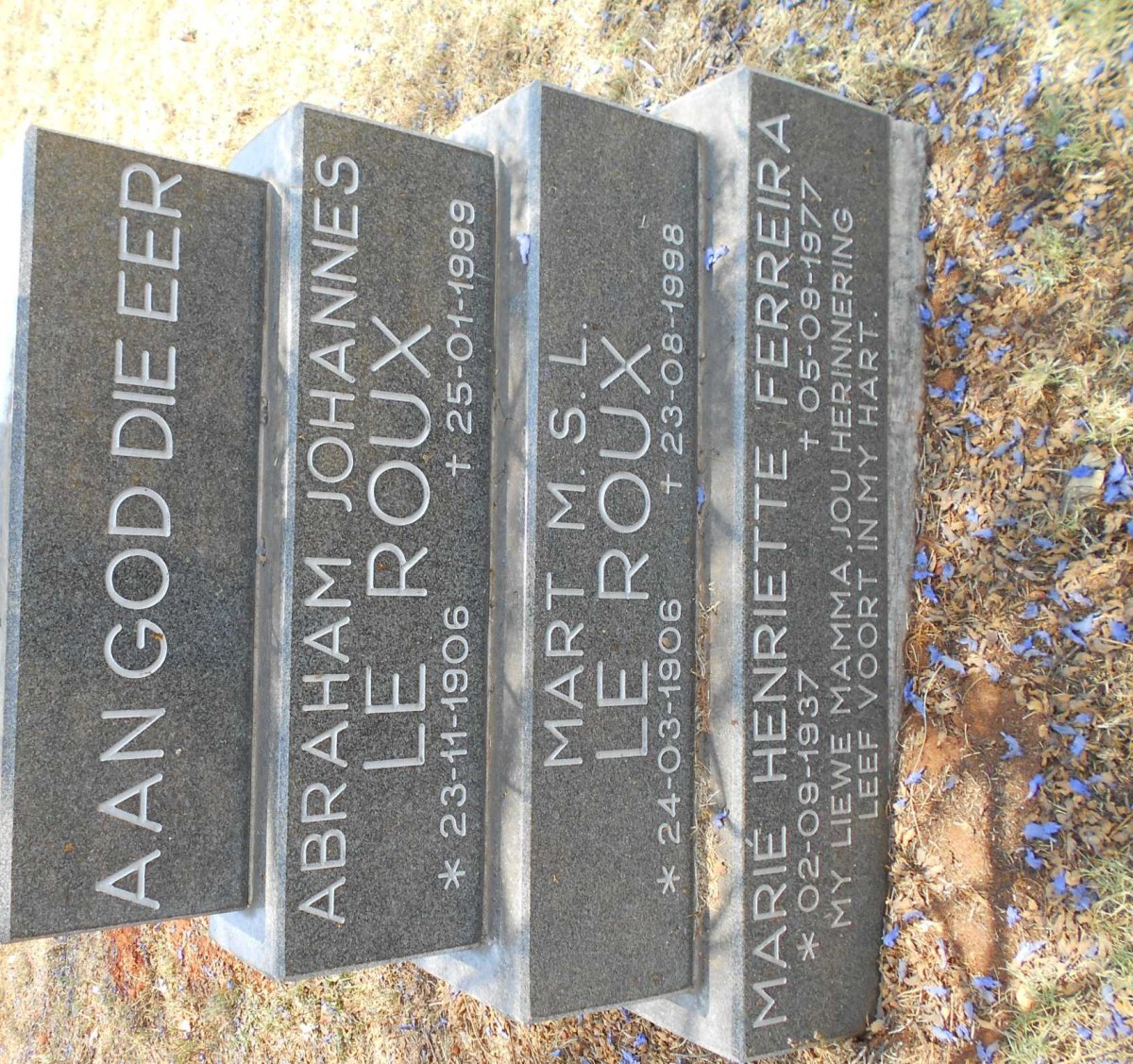 ROUX Abraham Johannes, le 1906-1999 &amp; Mart M.S.L. 1906-1998 :: FERREIRA Marié Henriette 1937-1977
