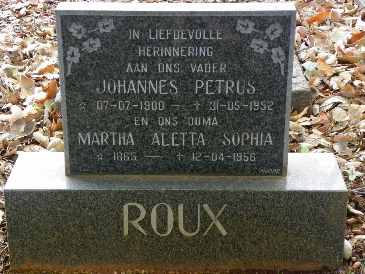 ROUX Martha Aletta Sophia 1865-1956 :: ROUX Johannes Petrus 1900-1952