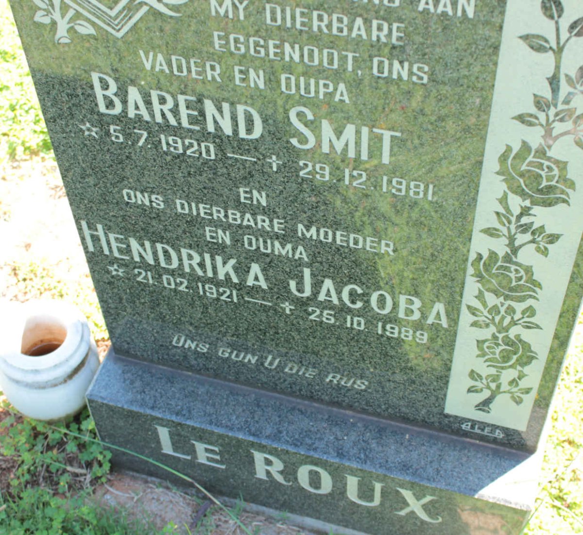 ROUX Barend Smit, le 1920-1981 &amp; Hendrika Jacoba 1921-1989
