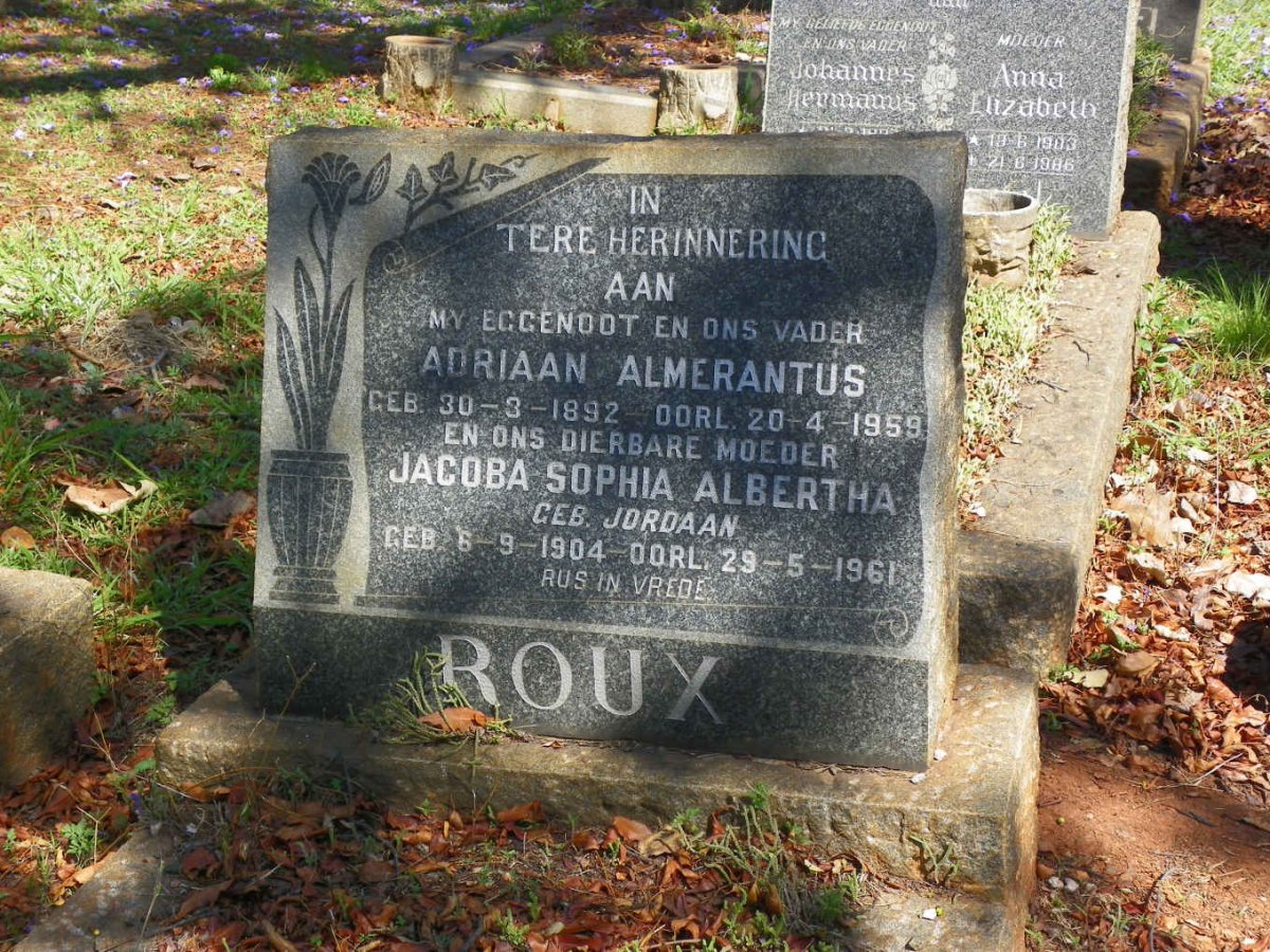 ROUX Adriaan Almerantus 1892-1959 &amp; Jacoba Sophia Albertha JORDAAN 1904-1961