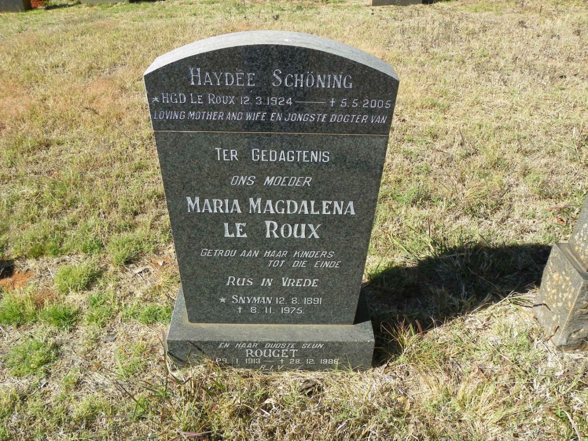 ROUX Maria Magdalena, le nee SNYMAN 1891-1975 :: LE ROUX Rouget 1913-1986