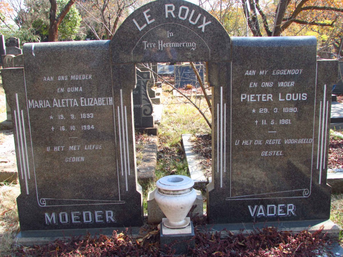 ROUX Pieter Louis, le 1890-1961 &amp; Maria Aletta Elizabeth 1893-1984