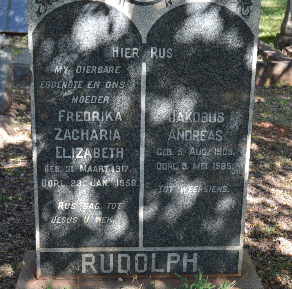 RUDOLPH Jakobus Andreas 1909-1989 &amp; Fredrika Zacharia Elizabeth 1917-1958