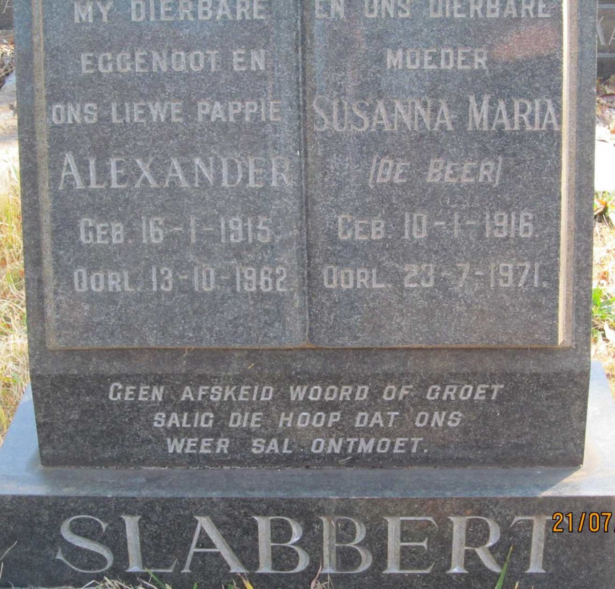 SLABBERT Alexander 1915-1962 &amp; Susanna Maria DE BEER 1916-1971