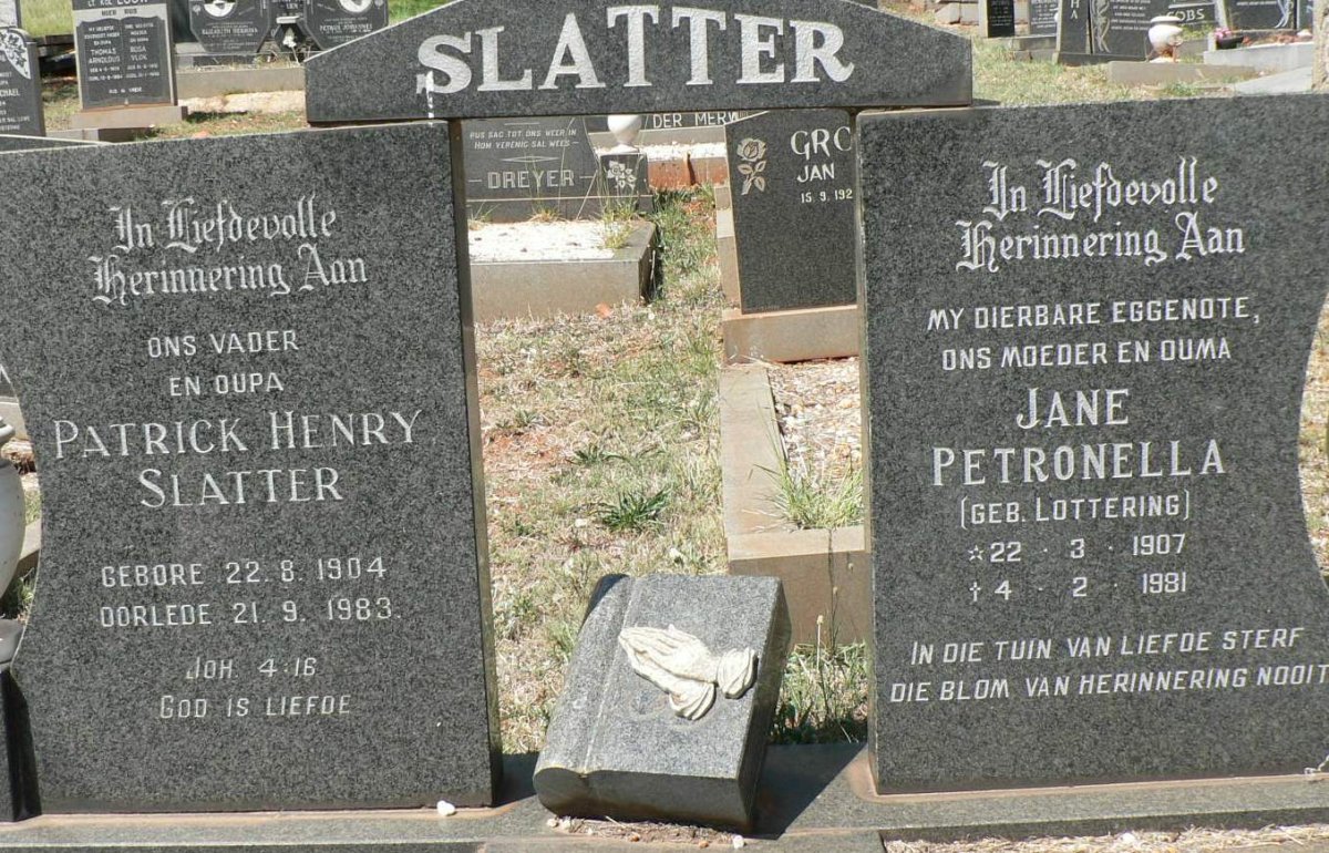SLATTER Patrick Henry 1904-1983 &amp; Jane Petronella LOTTERING 1907-1981