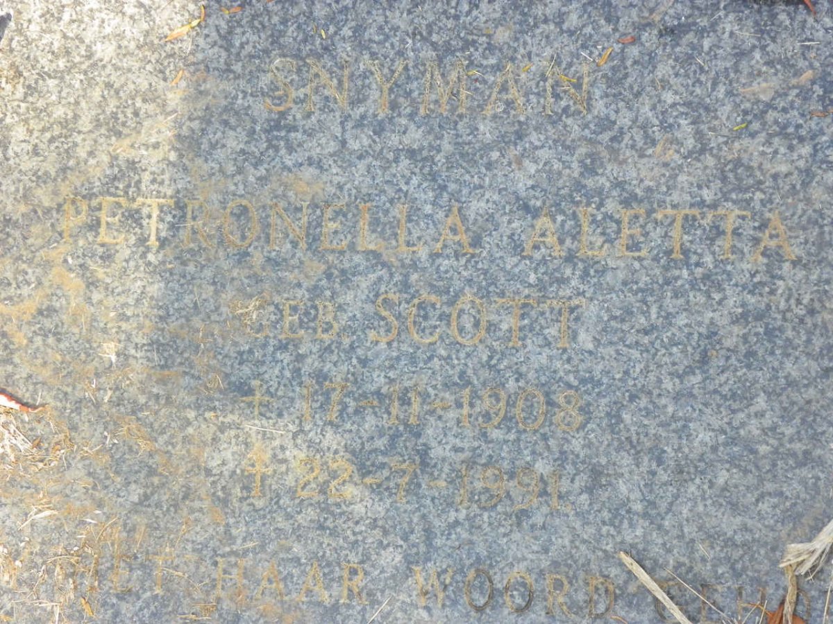 SNYMAN Petronella Aletta nee SCOTT 1908-1991