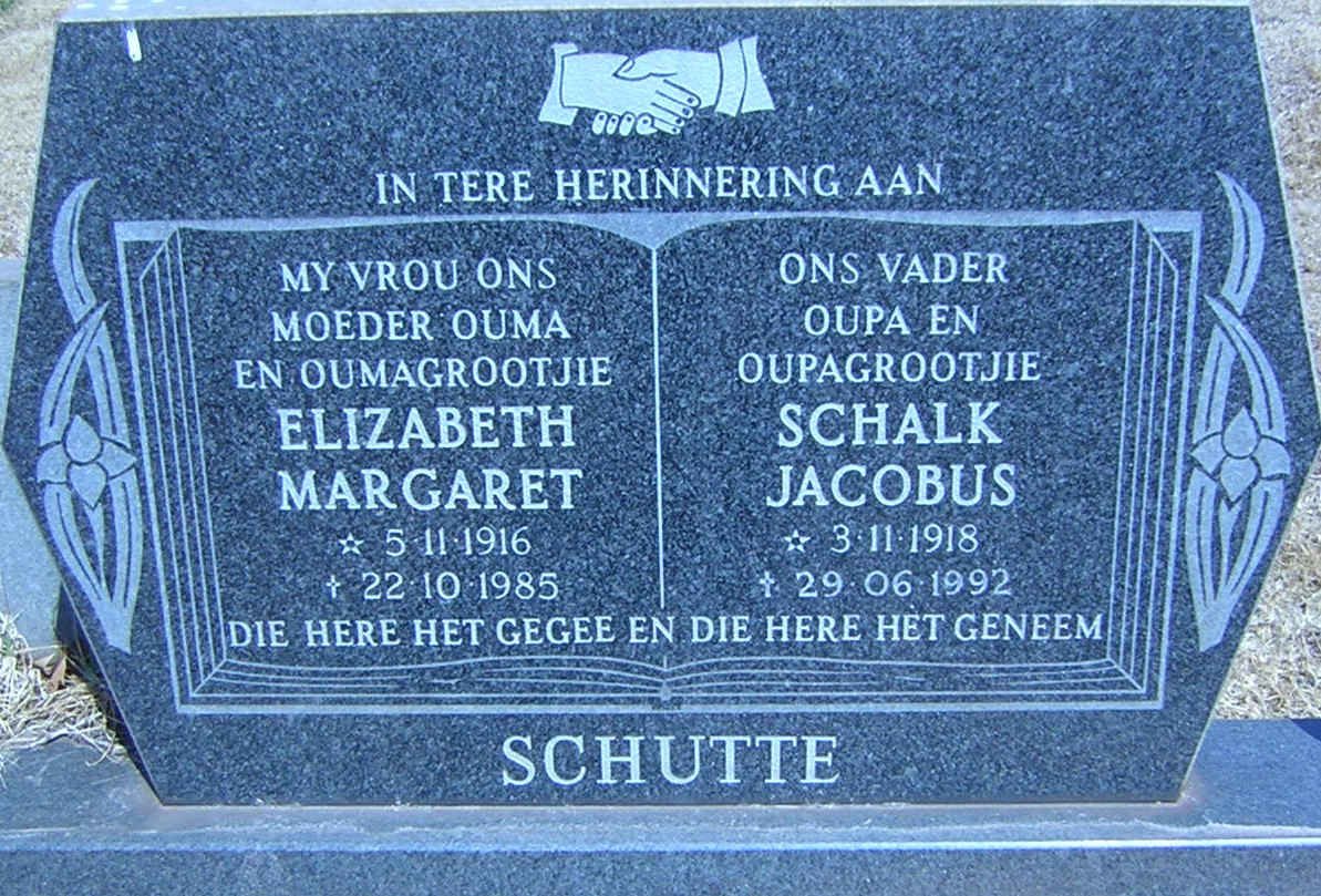 SCHUTTE Schalk Jacobus 1918-1992 &amp; Elizabeth Margaret 1916-1985