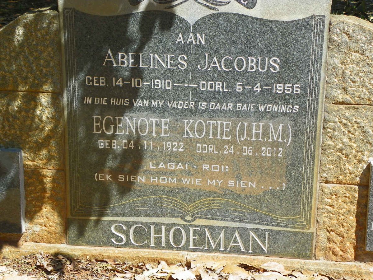 SCHOEMAN Abelines Jacobus 1910-1956 &amp; J.H.M. 1922-2012
