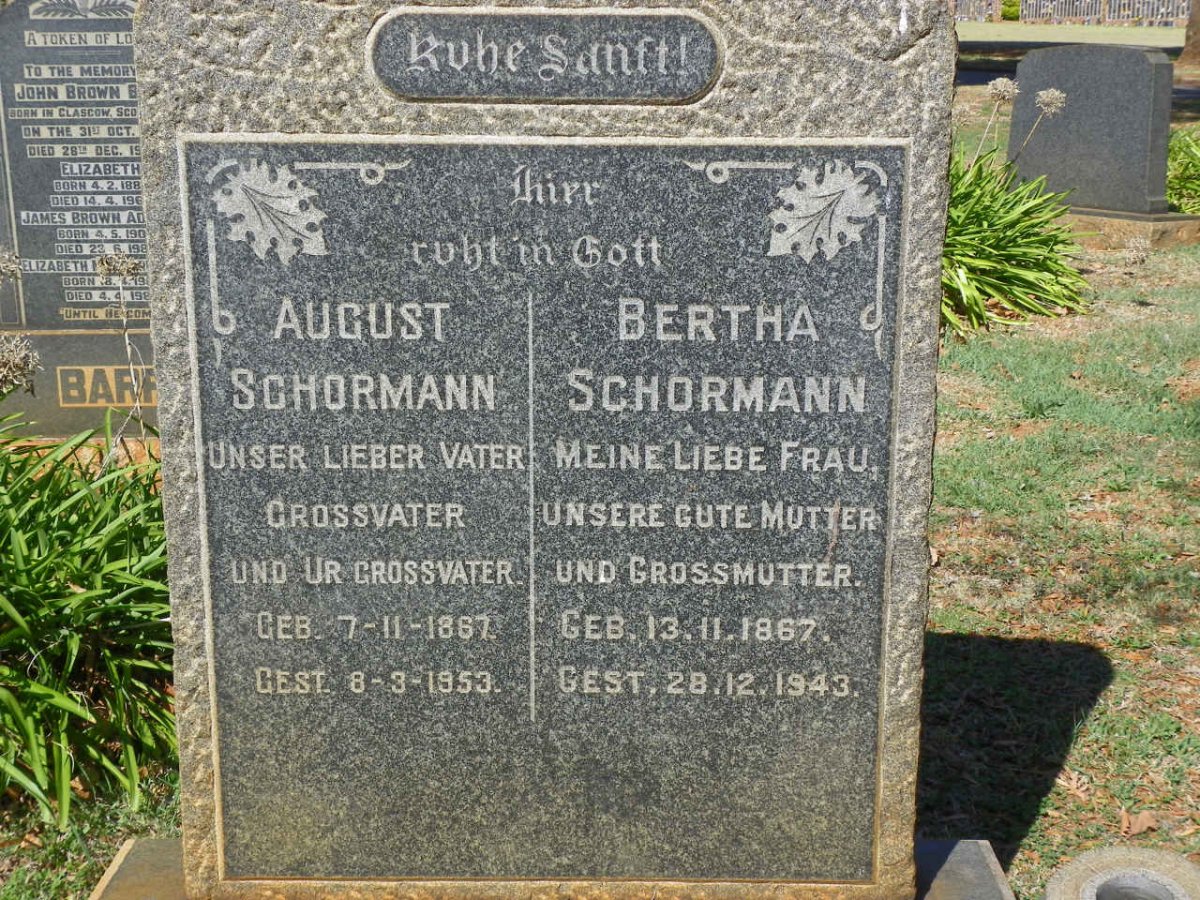 SCHORMANN August 1867-1953 &amp; Bertha 1867-1943