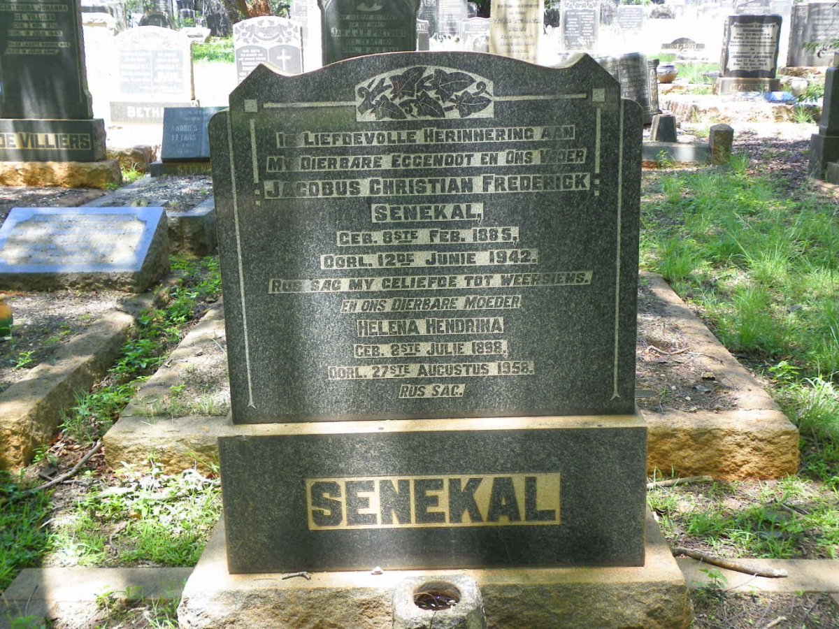 SENEKAL Jacobus Christian Frederick 1885-1942 &amp; Helena Hendrina 1898-1958