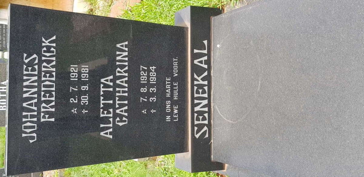 SENEKAL Johannes Frederick 1921-1981 &amp; Aletta Catharina 1927-1984