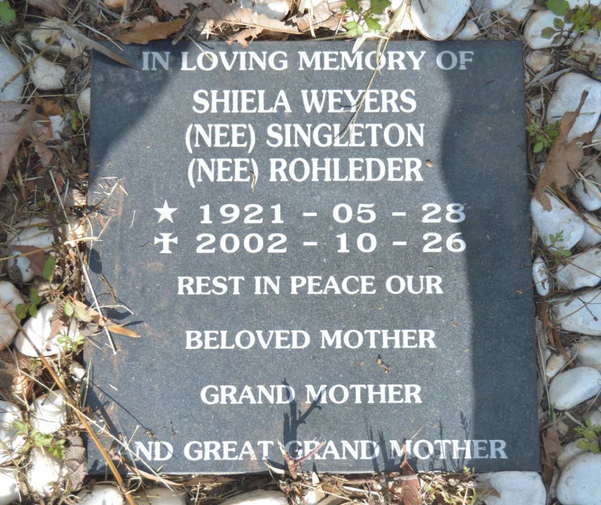 WEYERS Shiela nee SINGLETON nee ROHLEDER 1921-2002