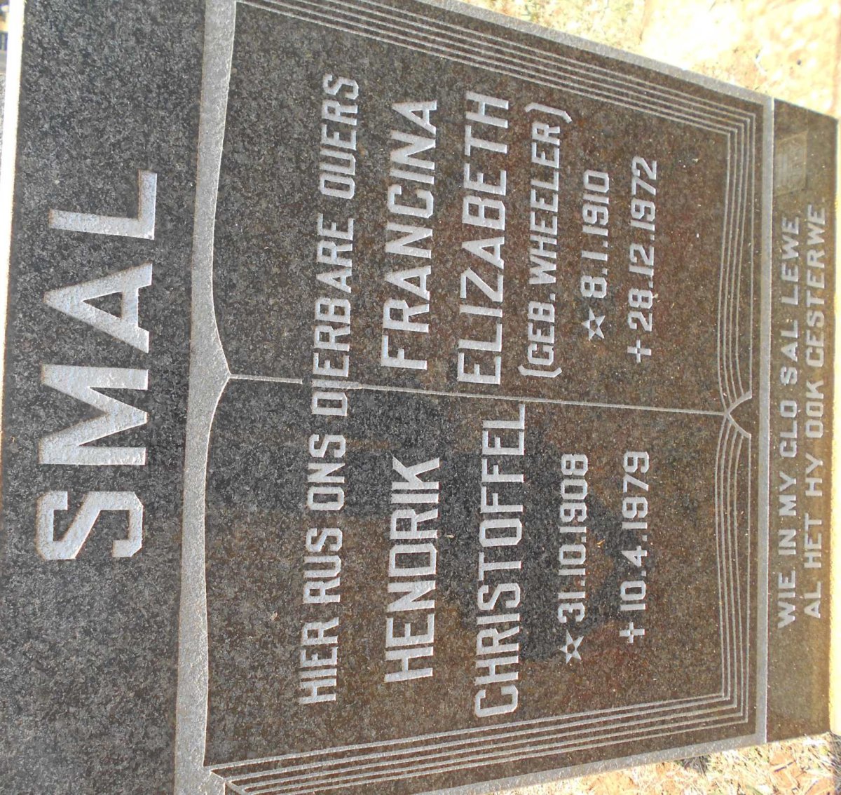 SMAL Hendrik Christoffel 1908-1979 &amp; Francina Elizabeth WHEELER 1910-1972
