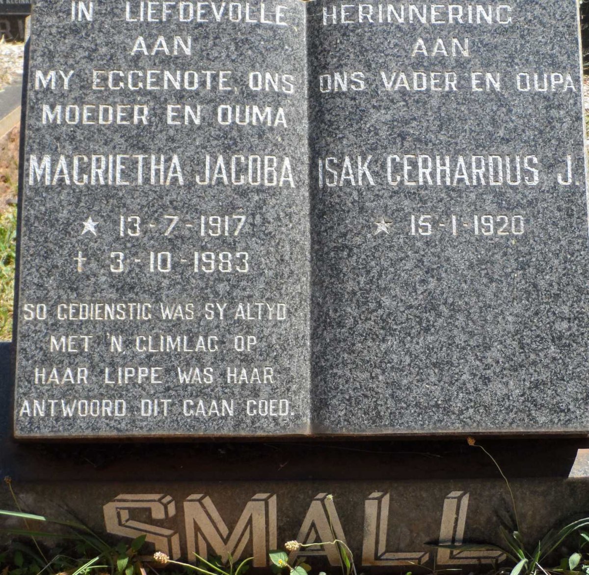 SMALL Isak Gerhardus J. 1920- &amp; Magrietha Jacoba 1917-1983