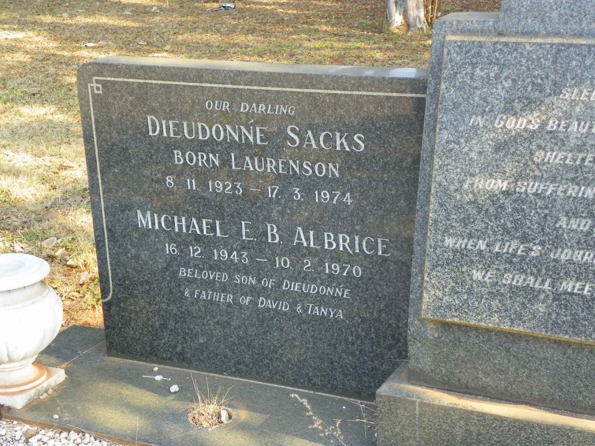 SACKS Dieudonne nee LAURENSON 1923-1974 :: Michael E.B. ALBRICE 1943-1970