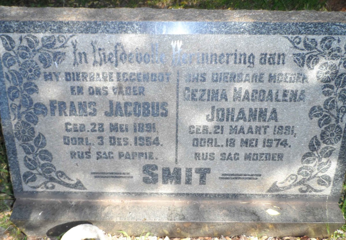 SMIT Frans Jacobus 1891-1954 &amp; Gezina Magdalena Johanna 1891-1974