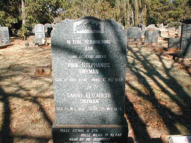 SNYMAN Paul Stephanus 1890-1942 &amp; Sarah Elizabeth 1881-1979