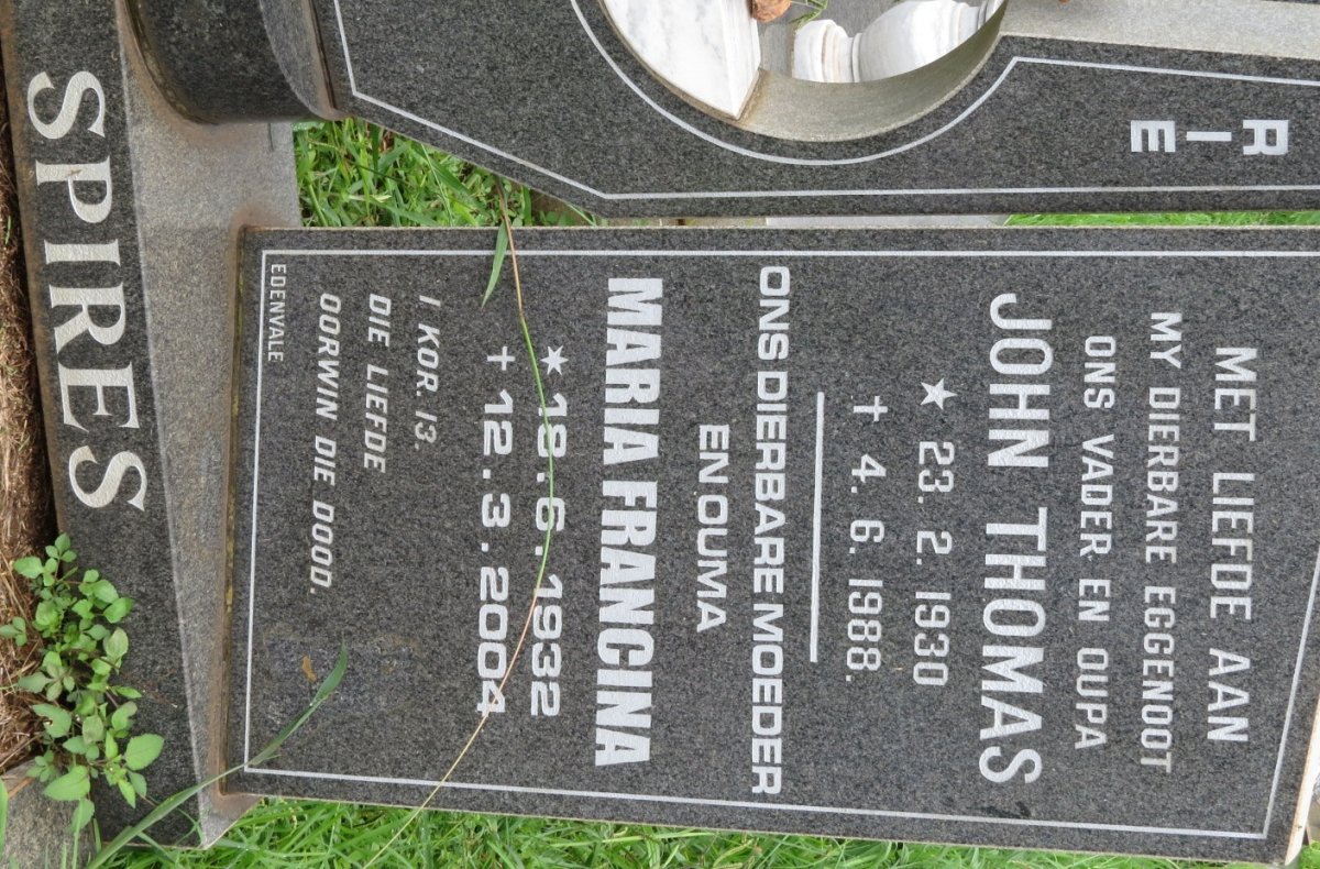 SPIRES John Thomas 1930-1988 &amp; Maria Francina 1932-2004