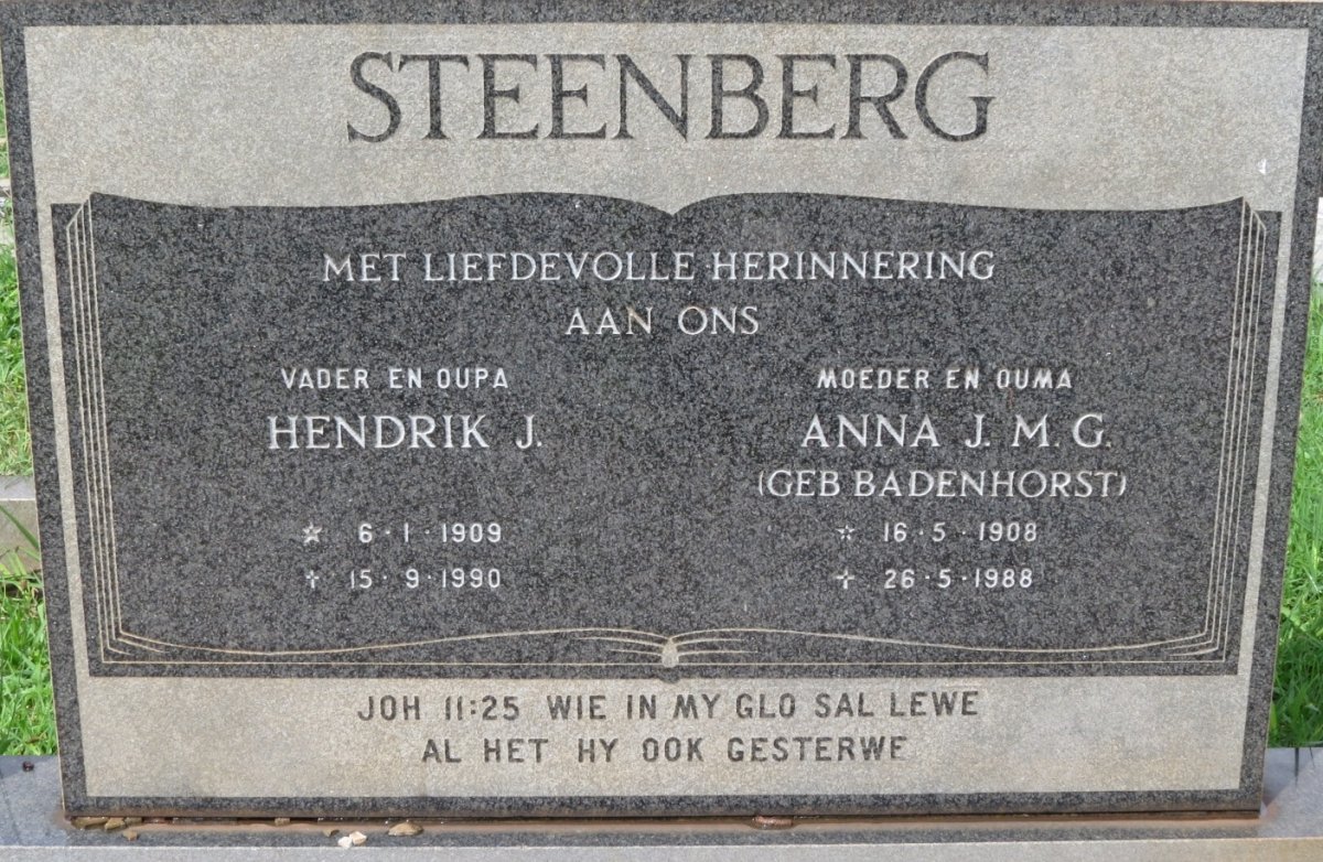 STEENBERG Hendrik J. 1909-1990 &amp; Anna J.M.G. BADENHORST 1908-1988