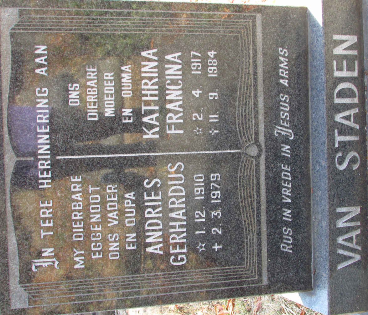 STADEN Andries Gerhardus, van 1910-1979 &amp; Kathrina Francina 1917-1984