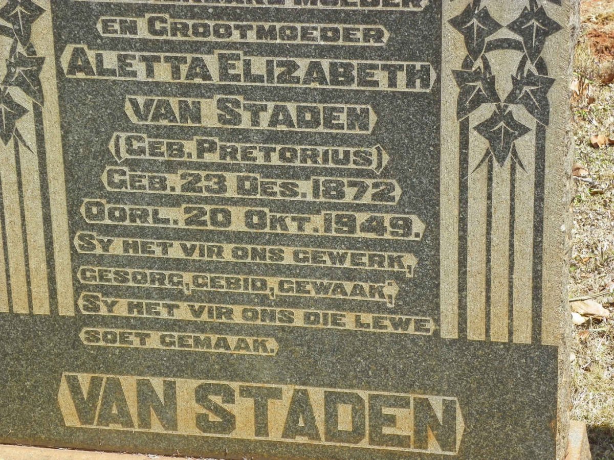 STADEN Aletta Elizabeth, van nee PRETORIUS 1872-1949