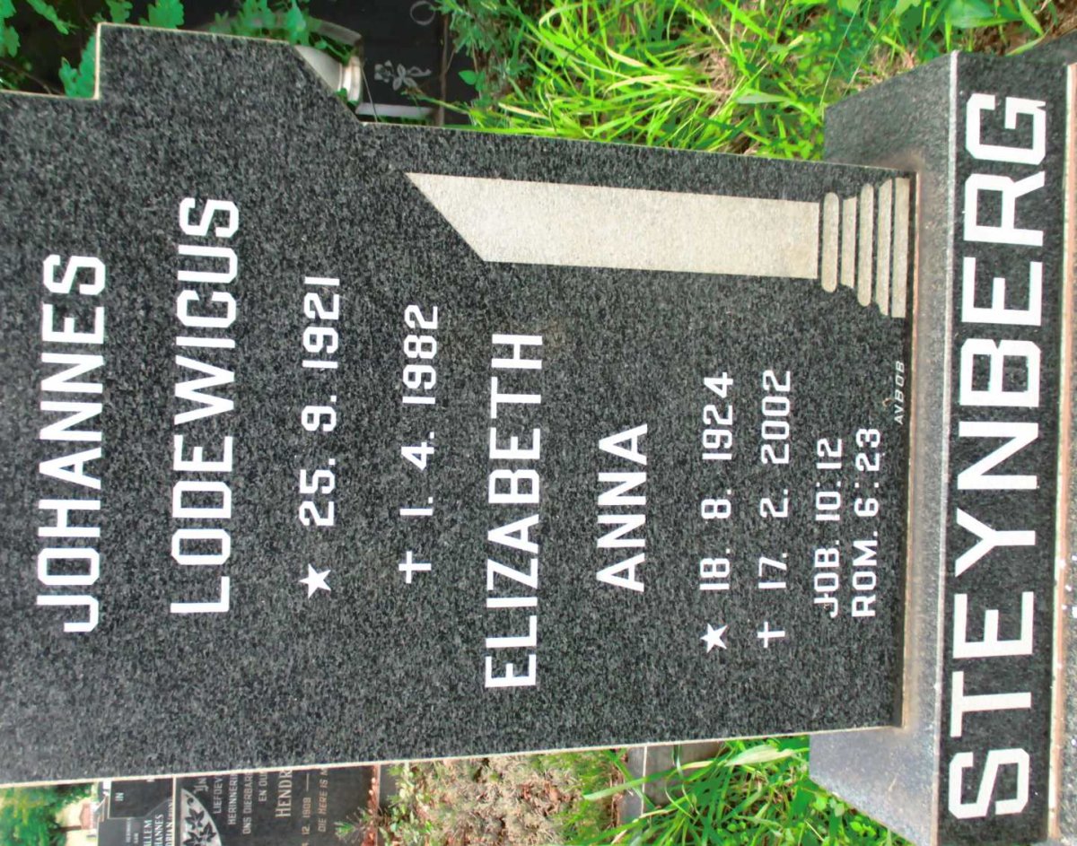 STEYNBERG Johannes Lodewicus 1921-1982 &amp; Elizabeth Anna 1924-2002