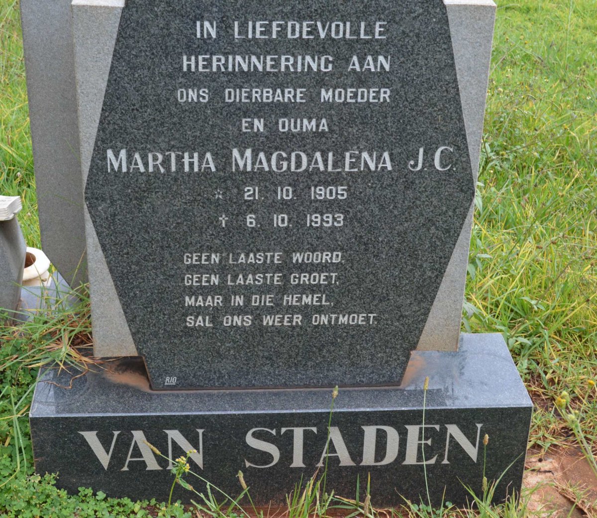 STADEN Martha Magdalena J.C., van 1905-1993